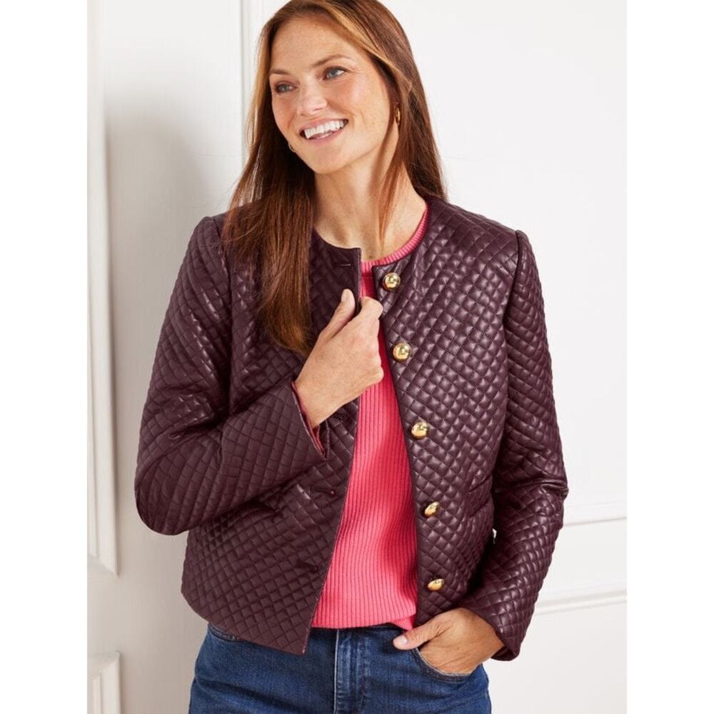 NWT Talbots Burgundy Faux Leather Quilted Jacket Women's Size 6 Vegan Leather